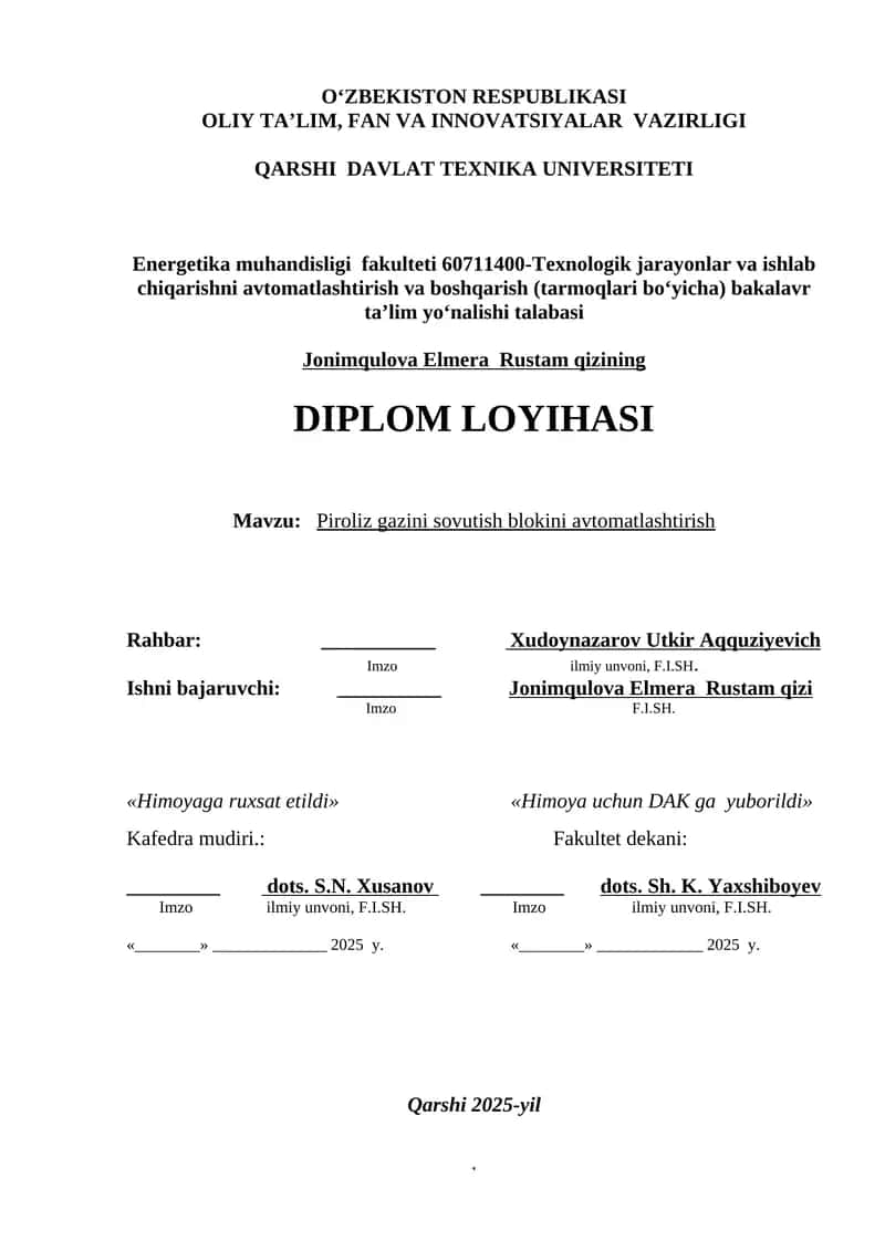 Piroliz gazini sovutish blokini avtomatlashtirish