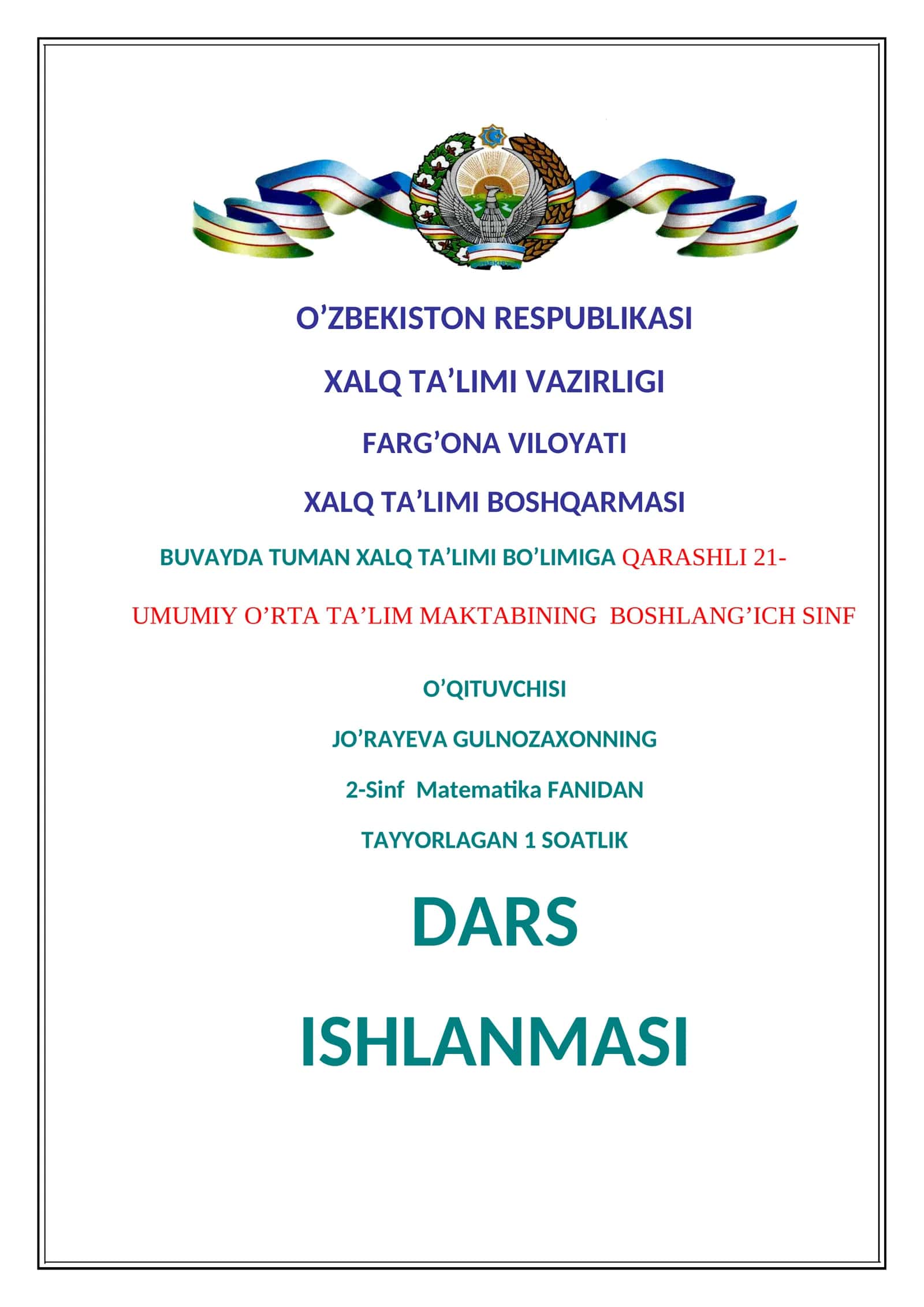 2-Sinf Matematika FANIDAN TAYYORLAGAN 1 SOATLIK DARS ISHLANMASI