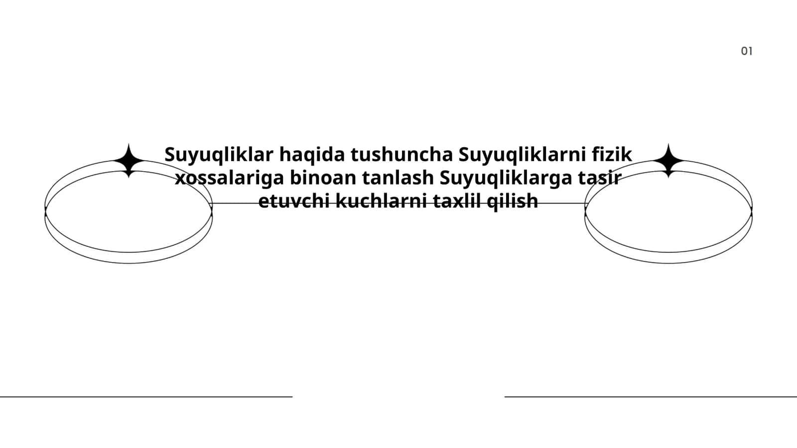 Suyuqliklar haqida tushuncha Suyuqliklarni fizik xossalariga binoan tanlash Suyuqliklarga tasir etuvchi kuchlarni taxlil qilish
