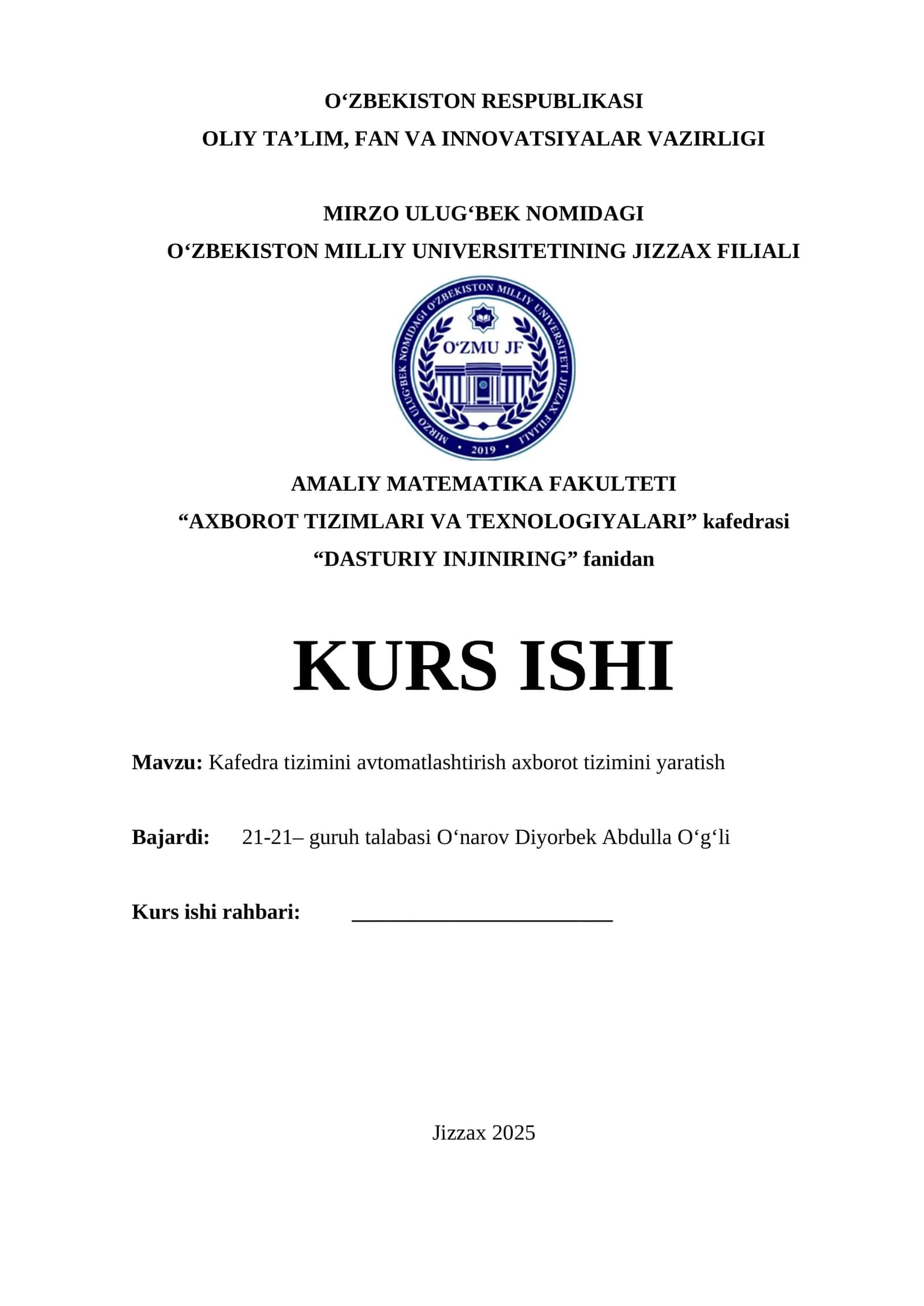 Kafedra tizimini avtomatlashtirish axborot tizimini yaratish