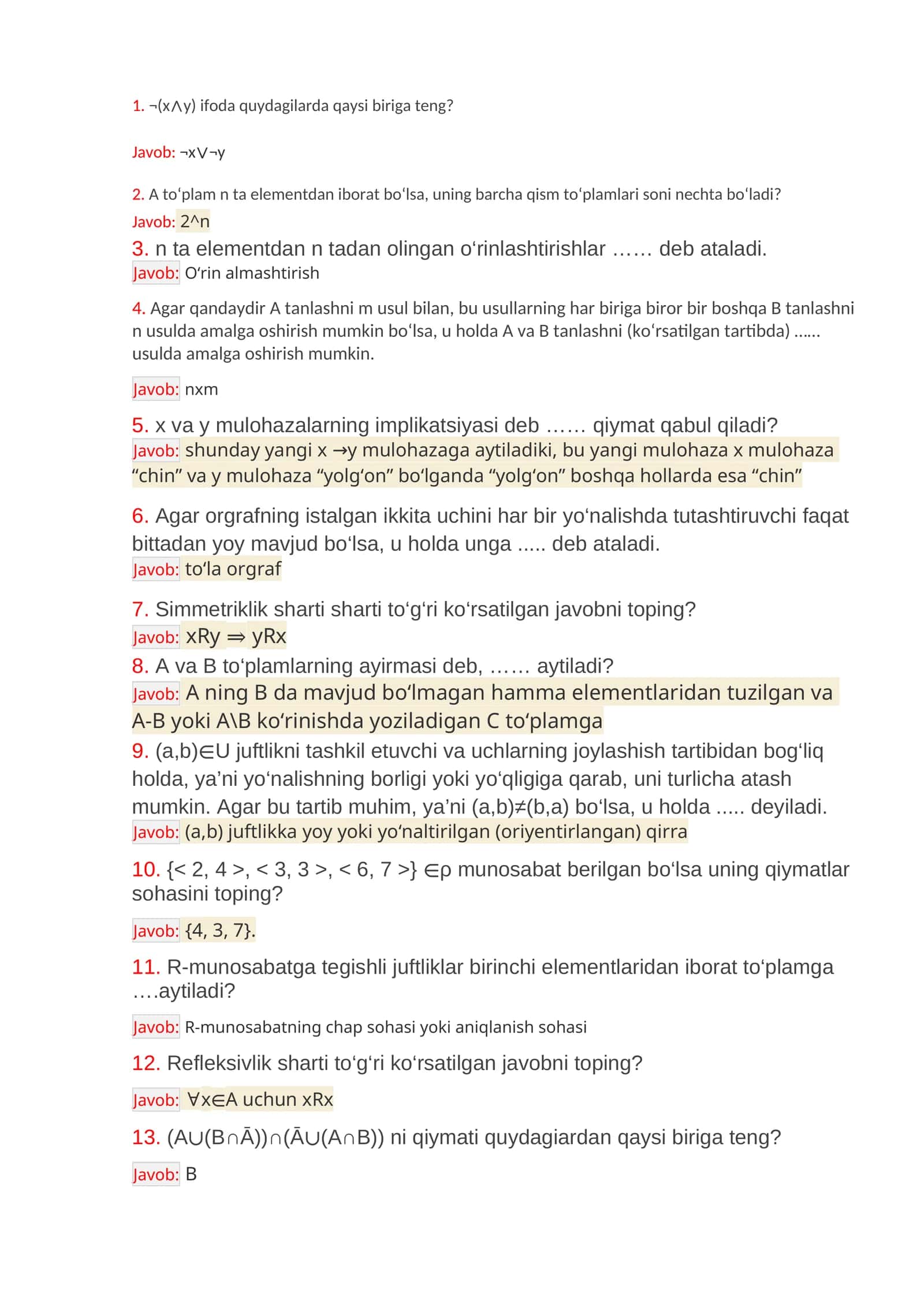 Diskret fanidan savollar va javoblar(yakuniy nazorat)