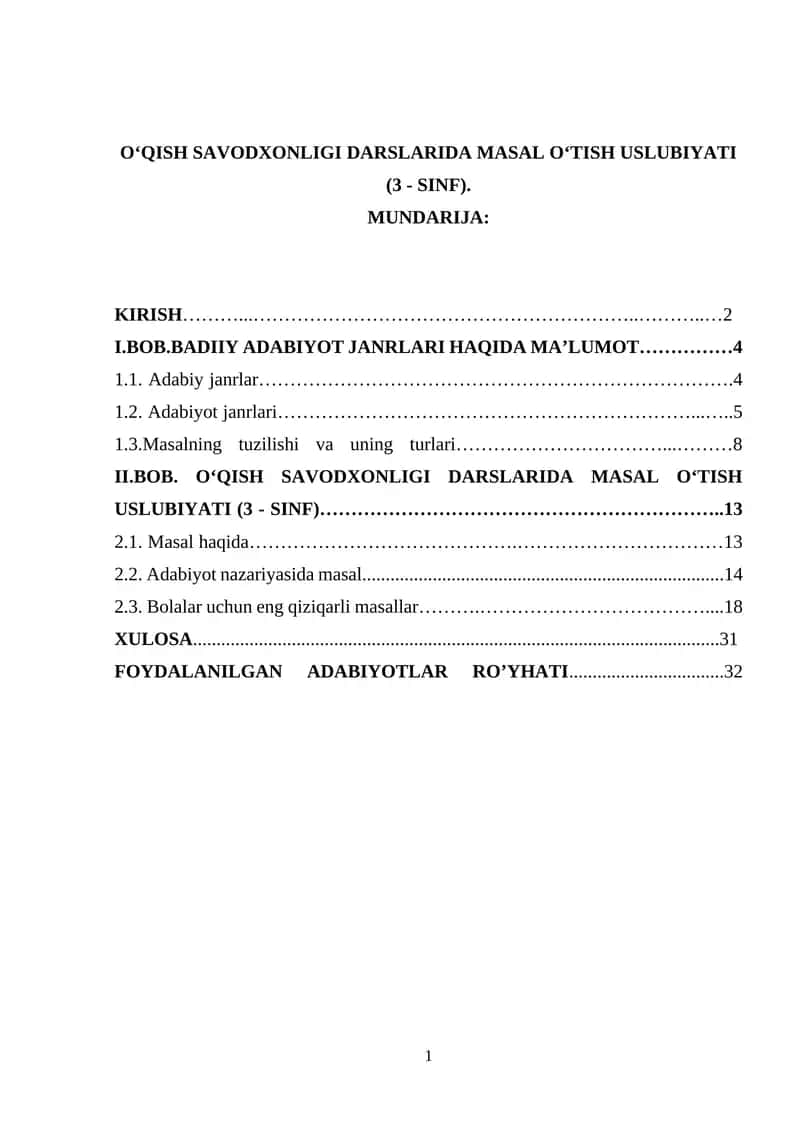 OʻQISH SAVODXONLIGI DARSLARIDA MASAL OʻTISH USLUBIYATI (3 - SINF)