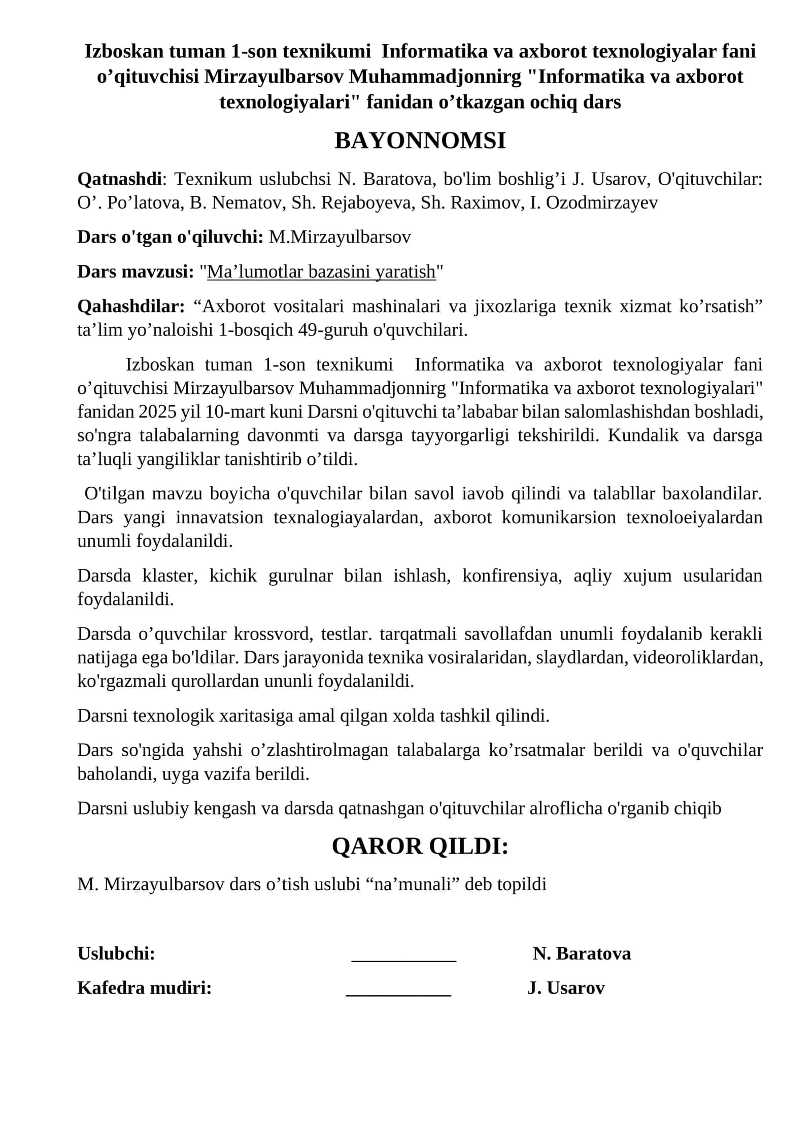 Texnikum ustozlari uchun Attestatsiyaga tayyor bayonnomalar