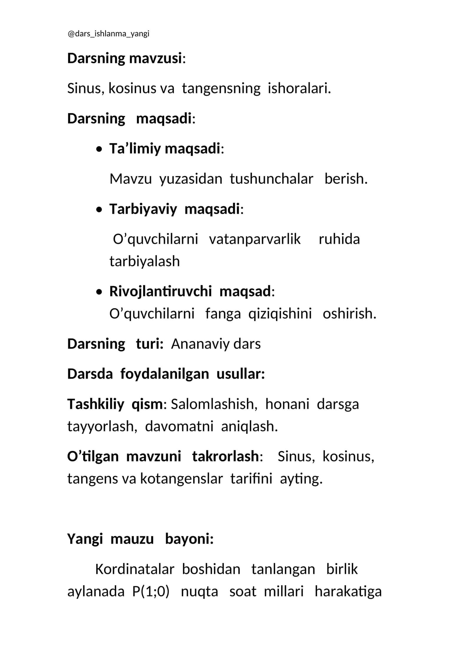 Sinus, kosinus va tangensning ishoralari