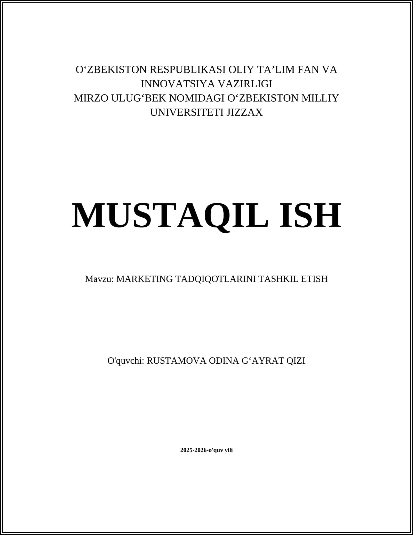 MARKETING TADQIQOTLARINI TASHKIL ETISH