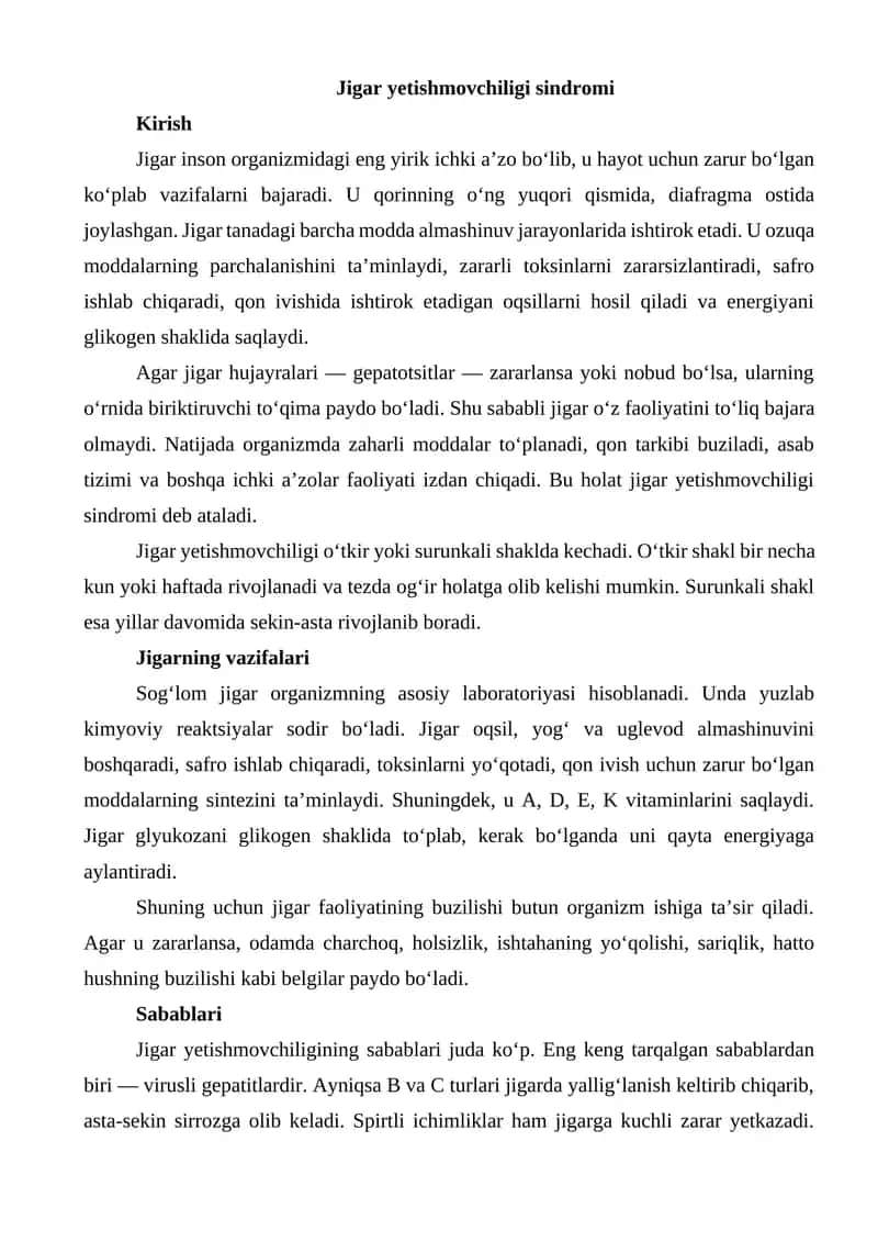 Jigar yetishmovchiligi sindromi