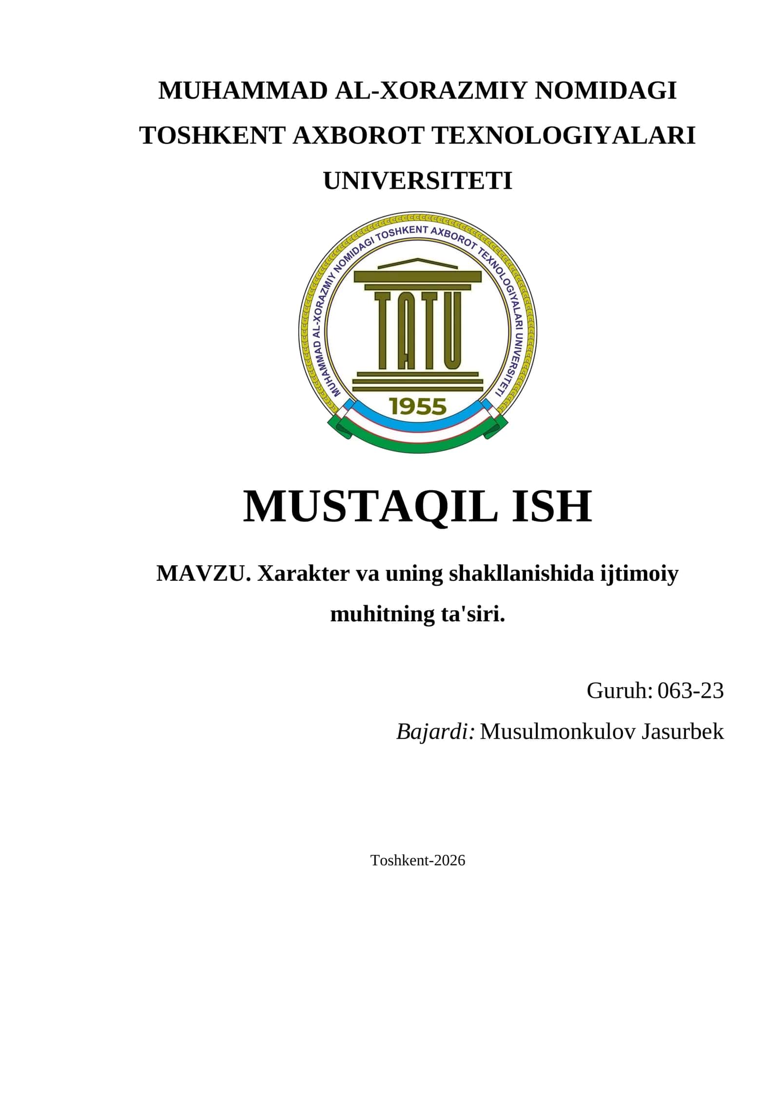 Xarakter va uning shakllanishida ijtimoiy muhitning ta'siri
