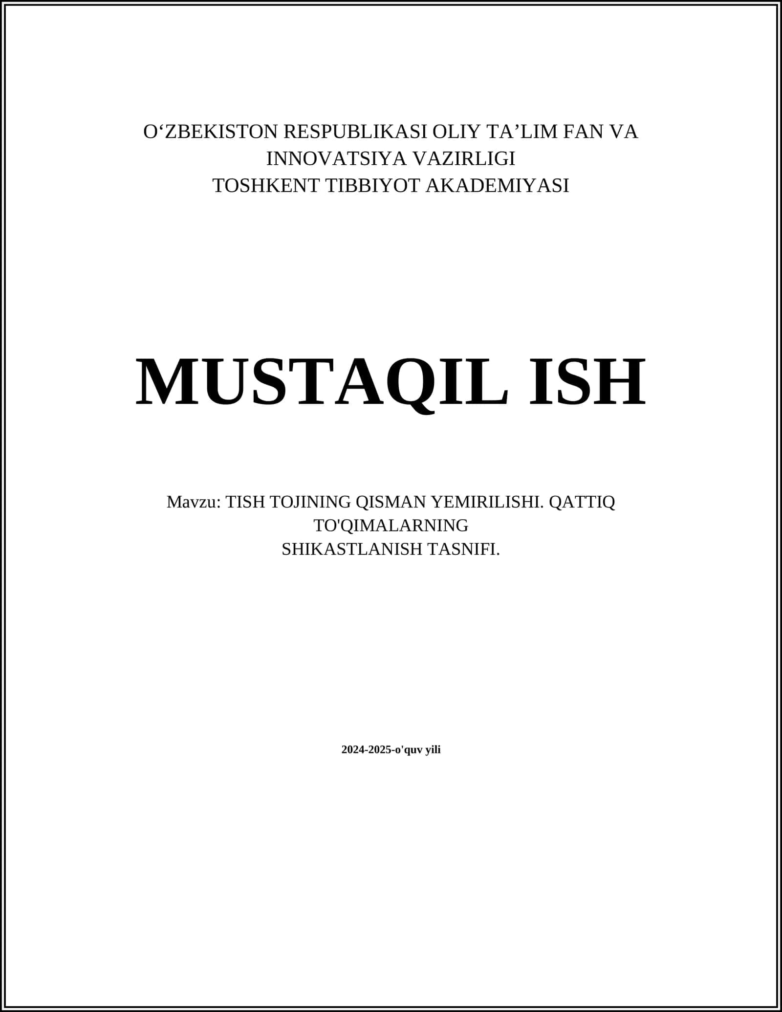 TISH TOJINING QISMAN YEMIRILISHI. QATTIQ TO'QIMALARNING SHIKASTLANISH TASNIFI