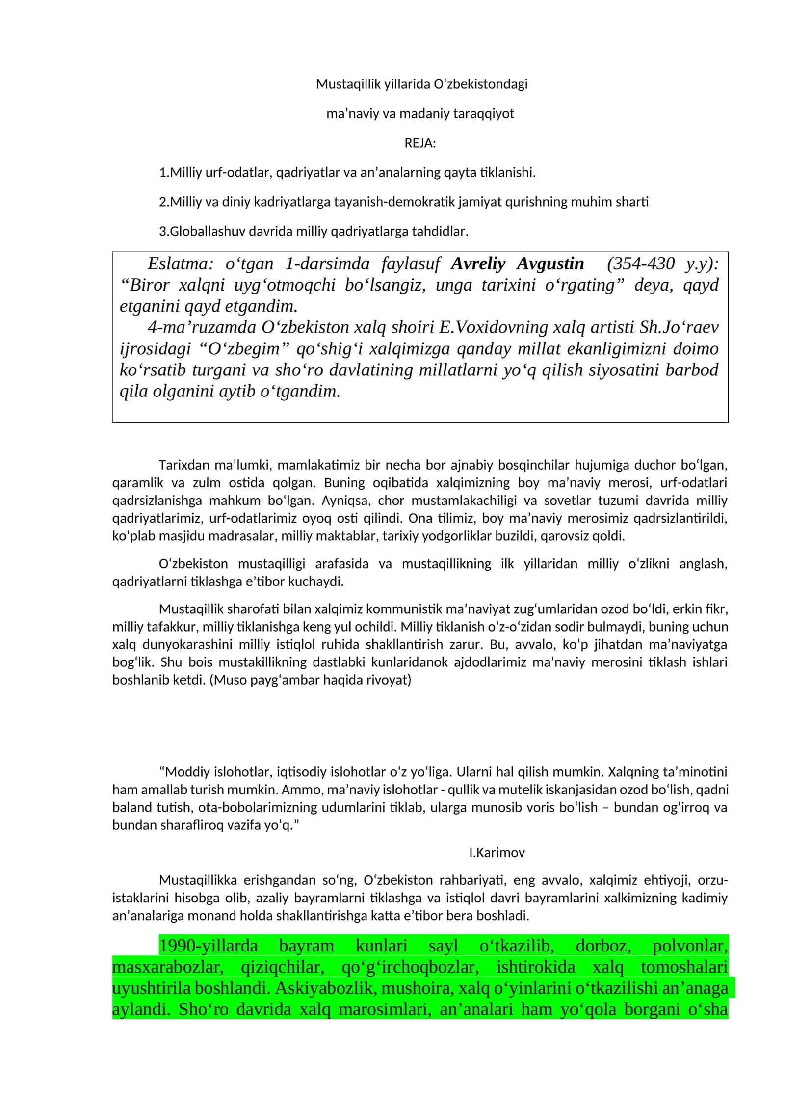 Milliy va diniy kadriyatlarga tayanish-demokratik jamiyat qurish