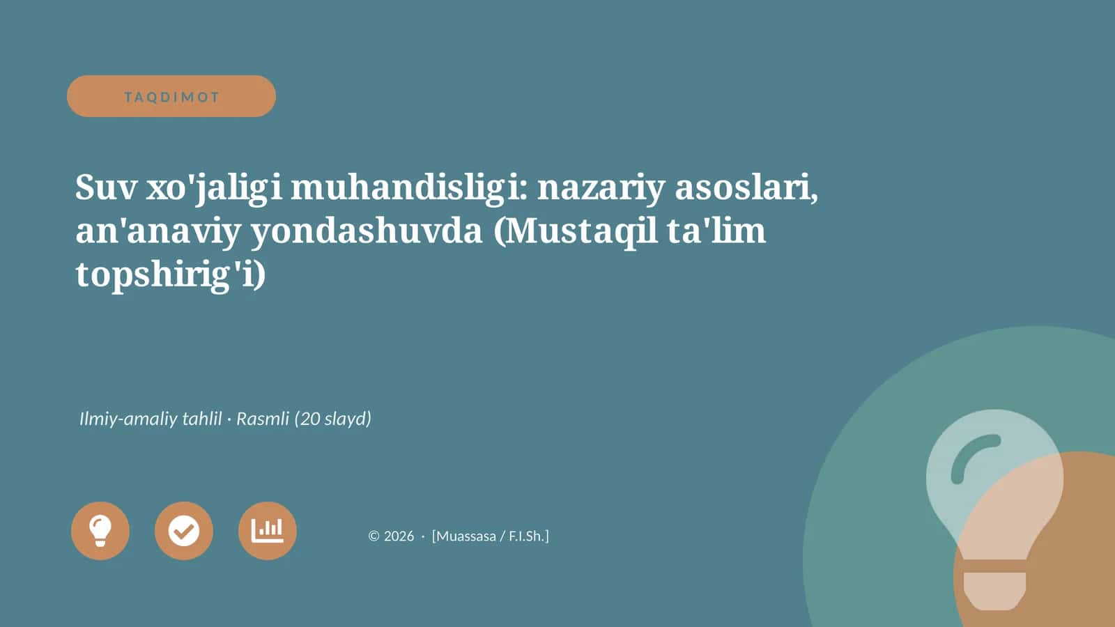 Suv xo'jaligi muhandisligi: nazariy asoslari, an'anaviy yondashuvda (Mustaqil ta'lim topshirig'i)