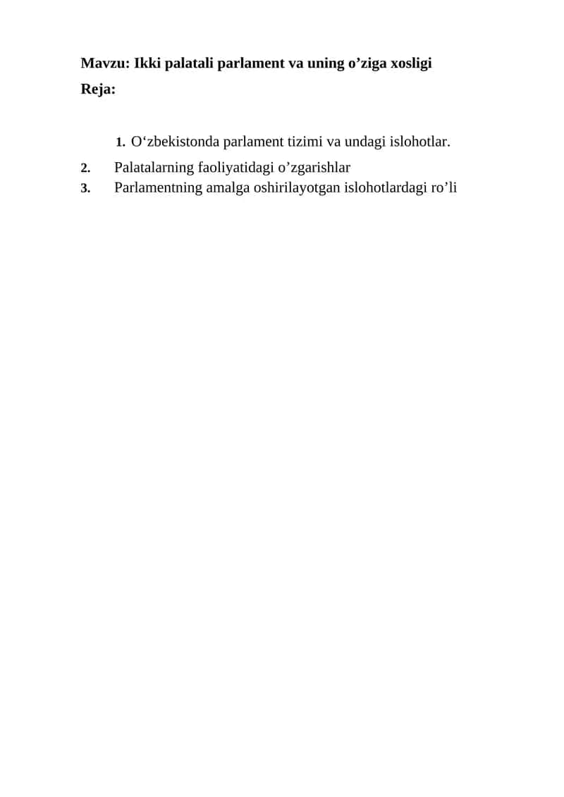 O‘zbekistonda parlament tizimi va undagi islohotlar