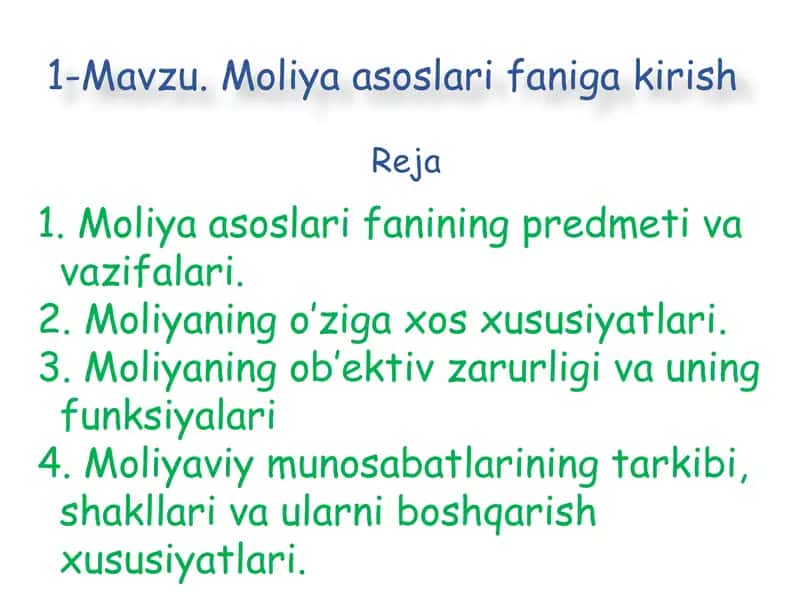 Moliya asoslari faniga kirish