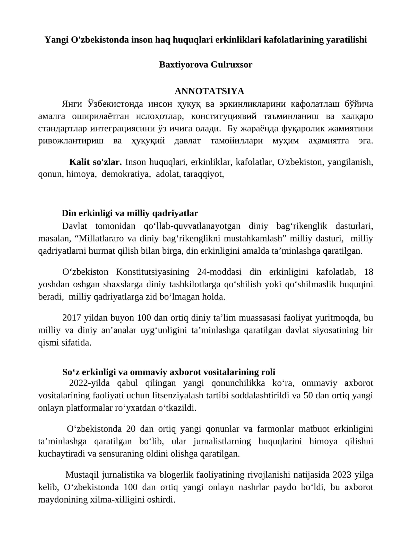 Yangi O'zbekistonda inson haq huquqlari erkinliklari kafolatlarining yaratilishi