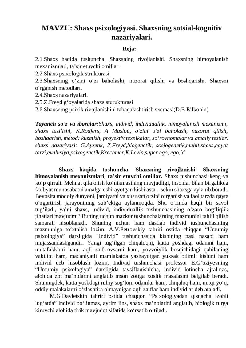 Shaxs psixologiyasi. Shaxsning sotsial-kognitiv nazariyalari.