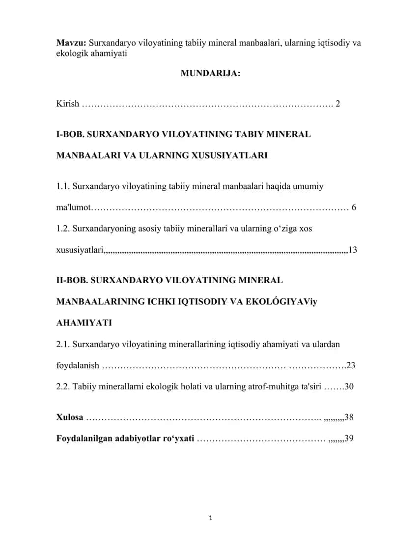 Surxandaryo viloyatining tabiiy mineral manbaalari, ularning iqtisodiy va ekologik ahamiyati kurs ishi