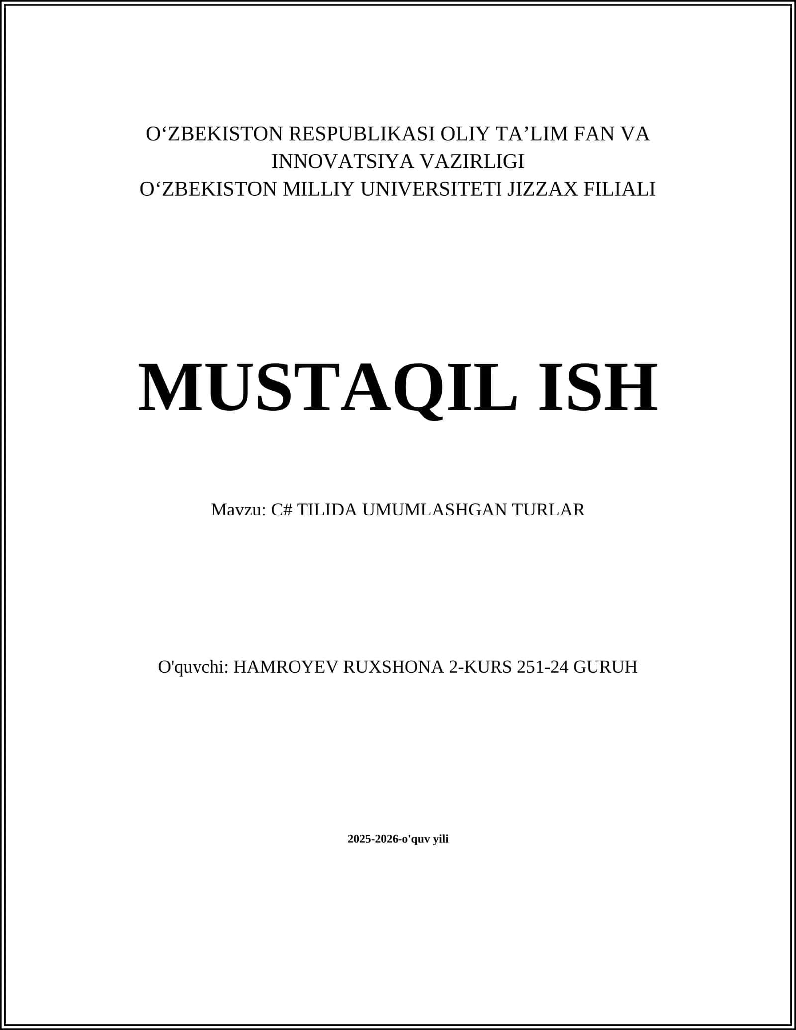 C# TILIDA UMUMLASHGAN TURLAR