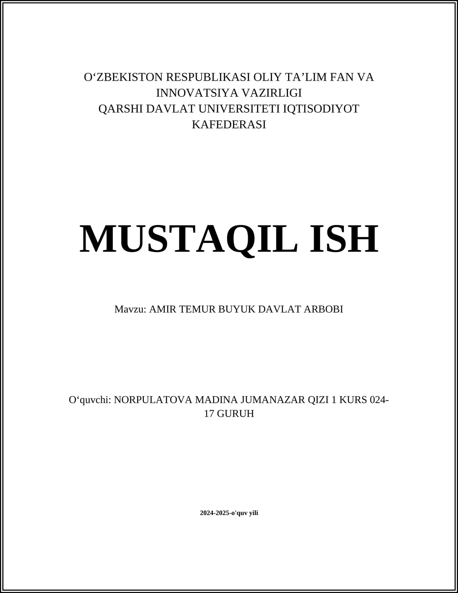 AMIR TEMUR BUYUK DAVLAT ARBOBI