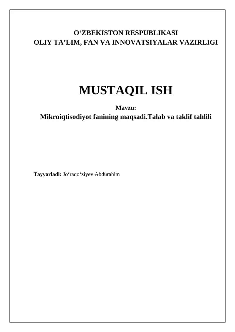 Mikroiqtisodiyotning asosiy tushunchalari va bozor mexanizmlari