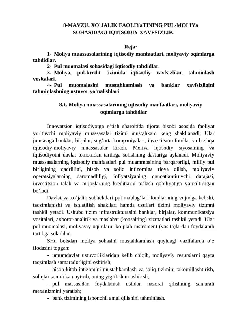 XO’JALIK FAOLIYaTINING PUL-MOLIYa SOHASIDAGI IQTISODIY XAVFSIZLIK
