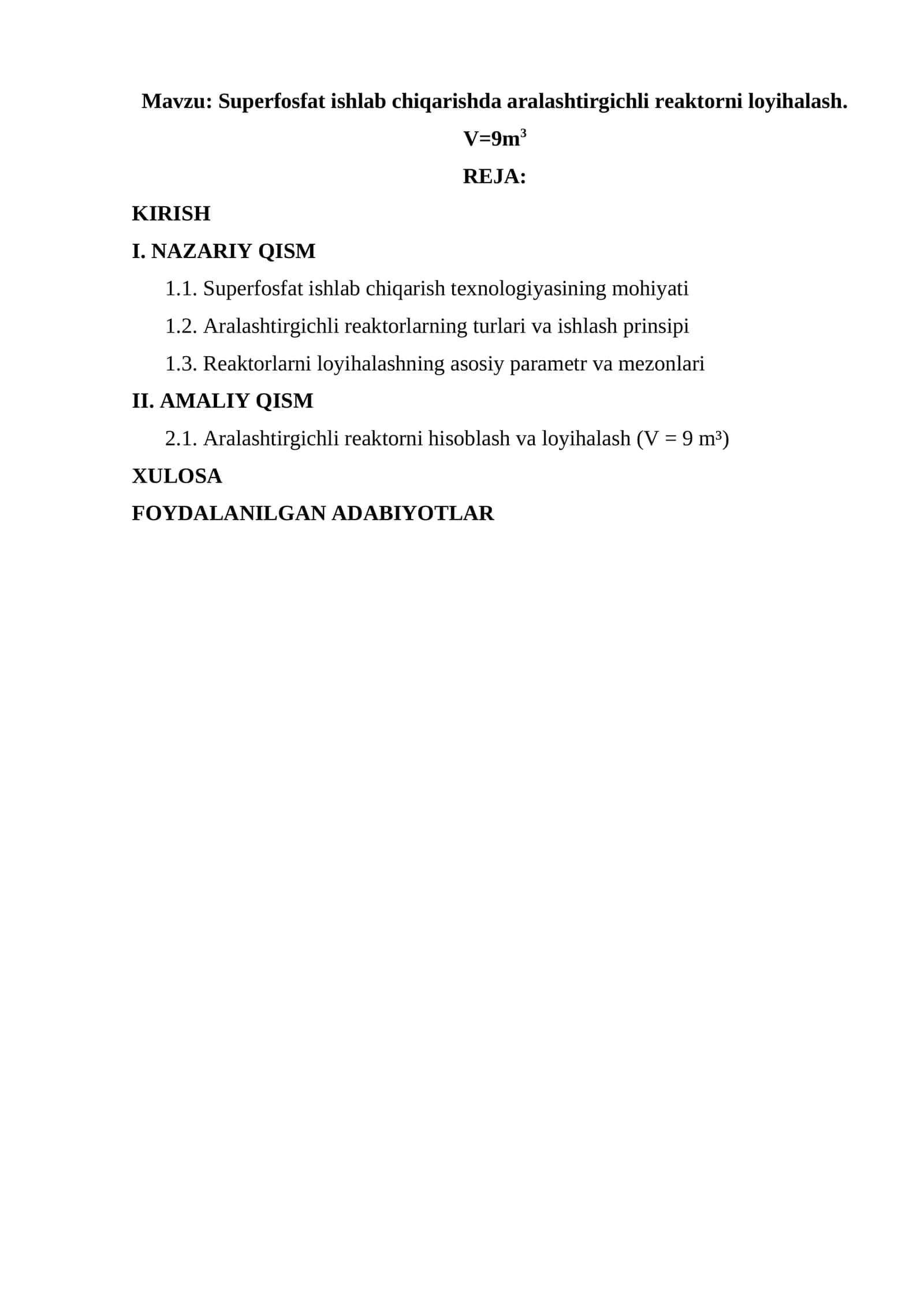 Superfosfat ishlab chiqarishda aralashtirgichli reaktorni loyihalash. V=9m3