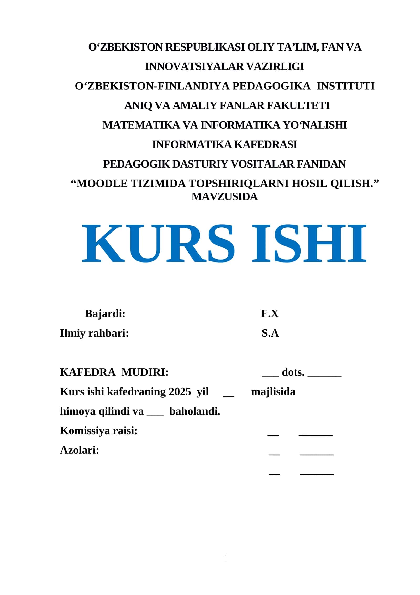 "MOODLE TIZIMIDA TOPSHIRIQLARNI HOSIL QILISH"
