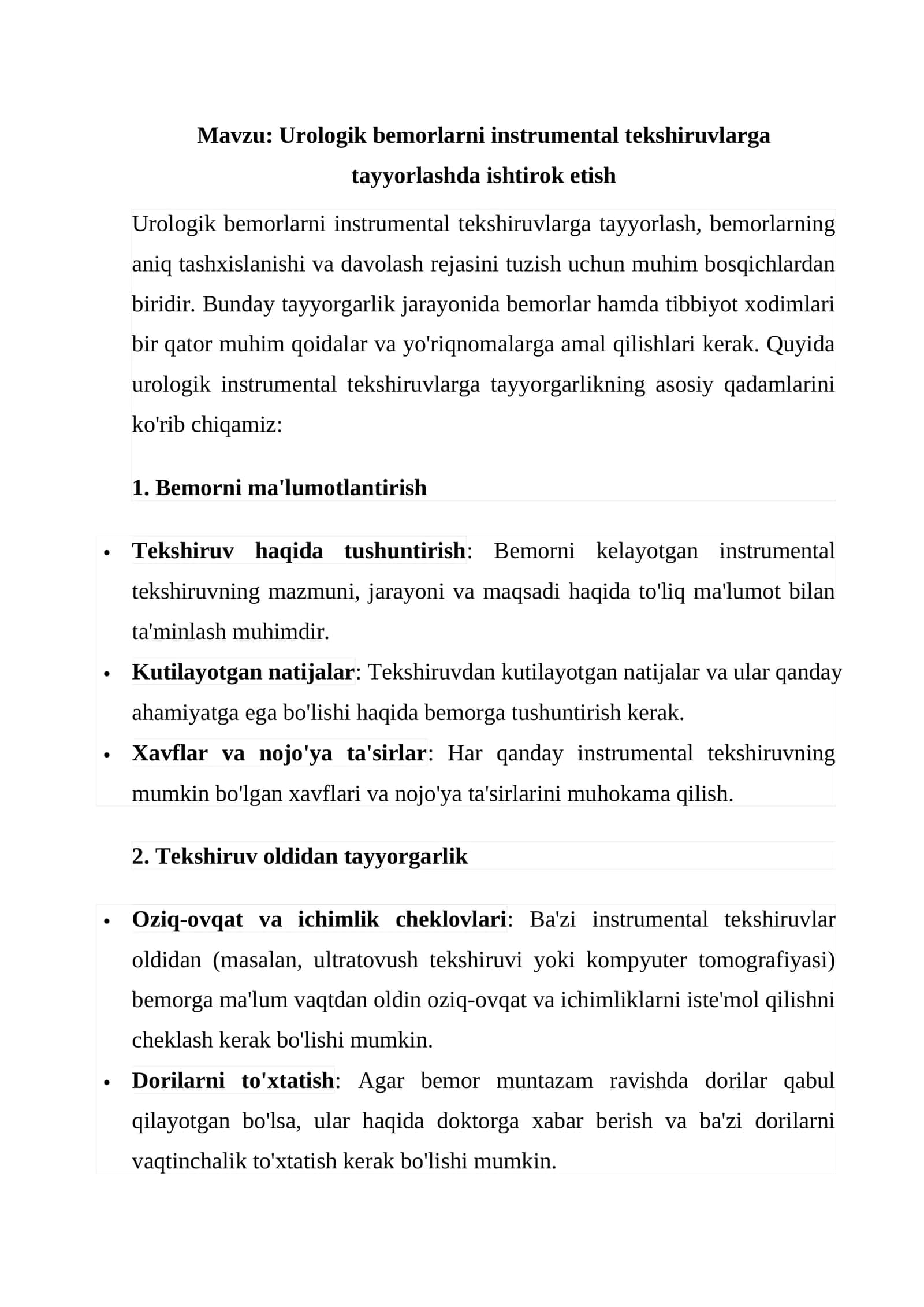 Urologik bemorlarni instrumental tekshiruvlarga tayyorlashda ishtirok etish