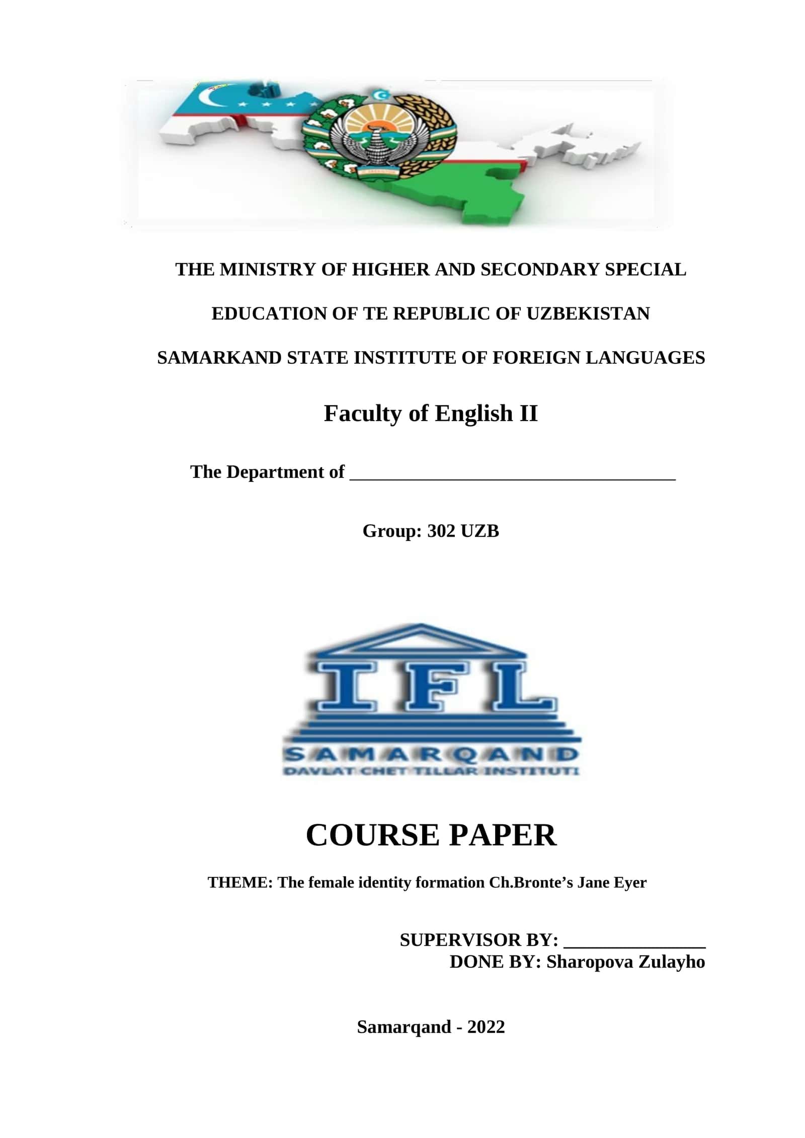 COURSE PAPER THEME: The female identity formation Ch.Bronte’s Jane Eyer