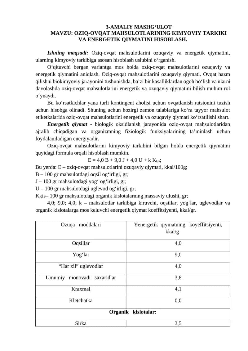 OZIQ-OVQAT MAHSULOTLARINING KIMYOVIY TARKIKI VA ENERGETIK QIYMATINI HISOBLASH