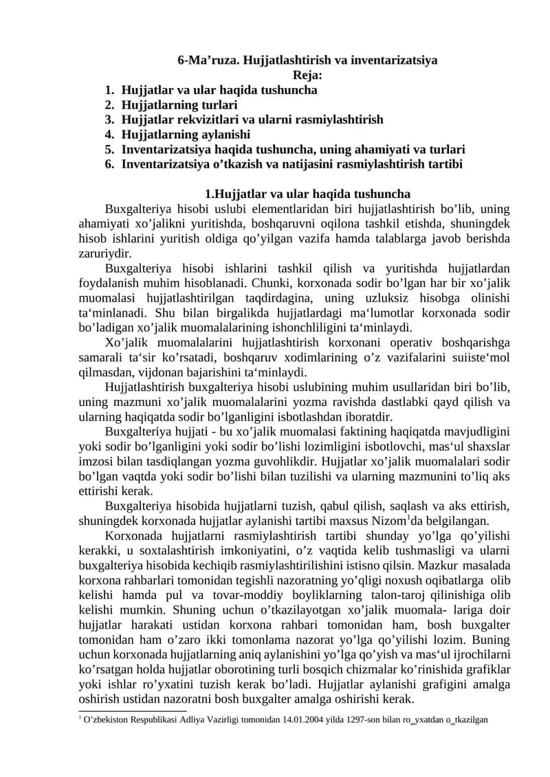 Hujjatlashtirish va inventarizatsiya