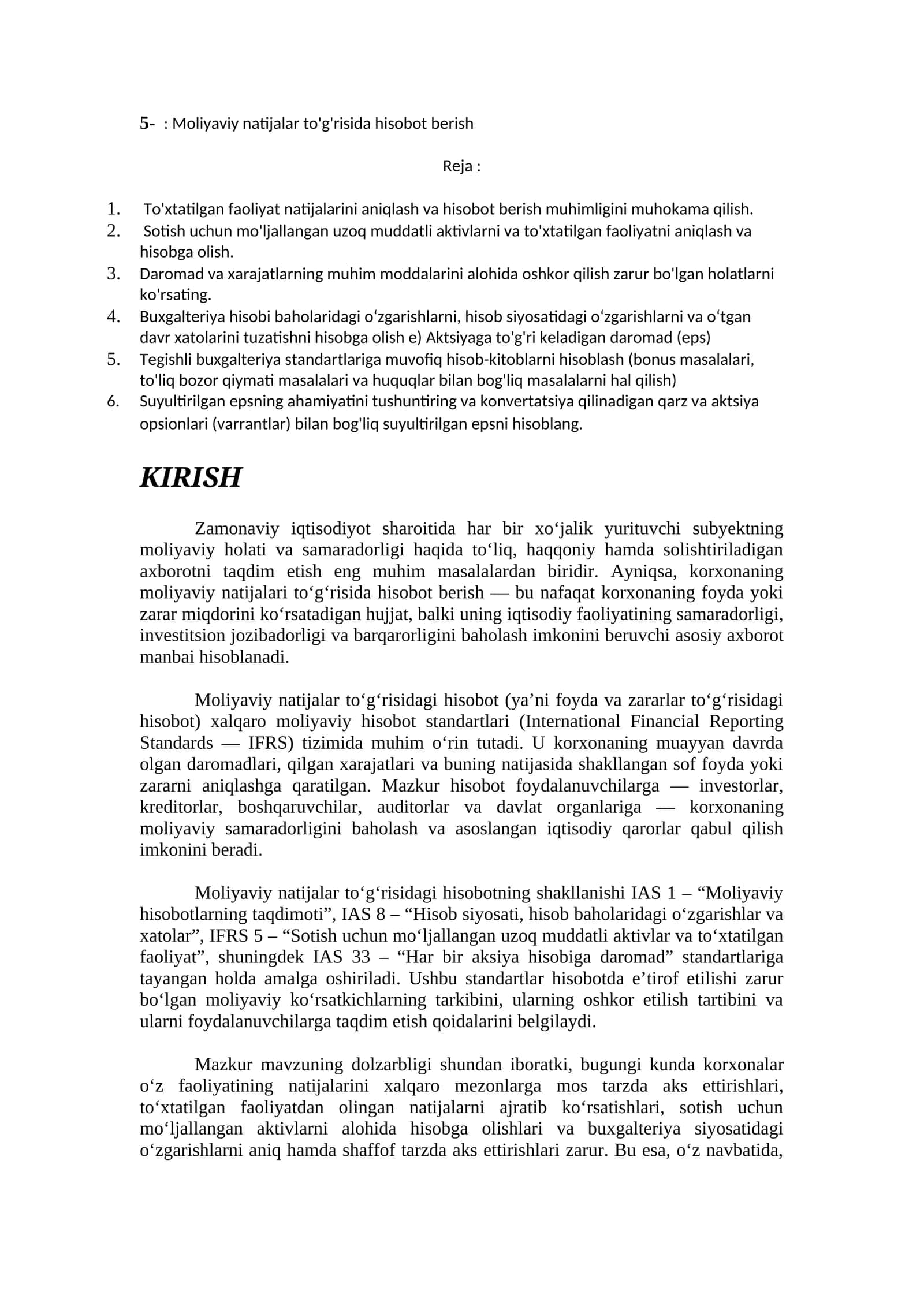 Moliyaviy natijalar to'g'risida hisobot berish