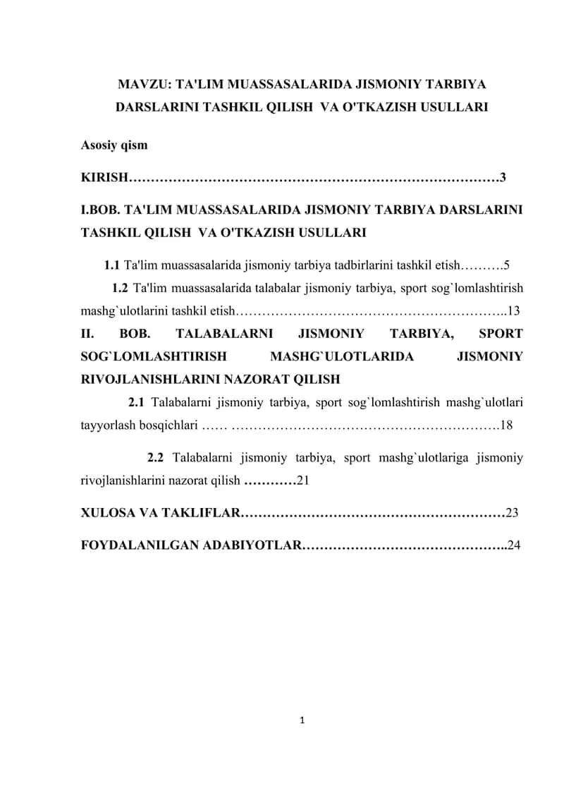 TA'LIM MUASSASALARIDA JISMONIY TARBIYA DARSLARINI TASHKIL QILISH VA O'TKAZISH USULLARI