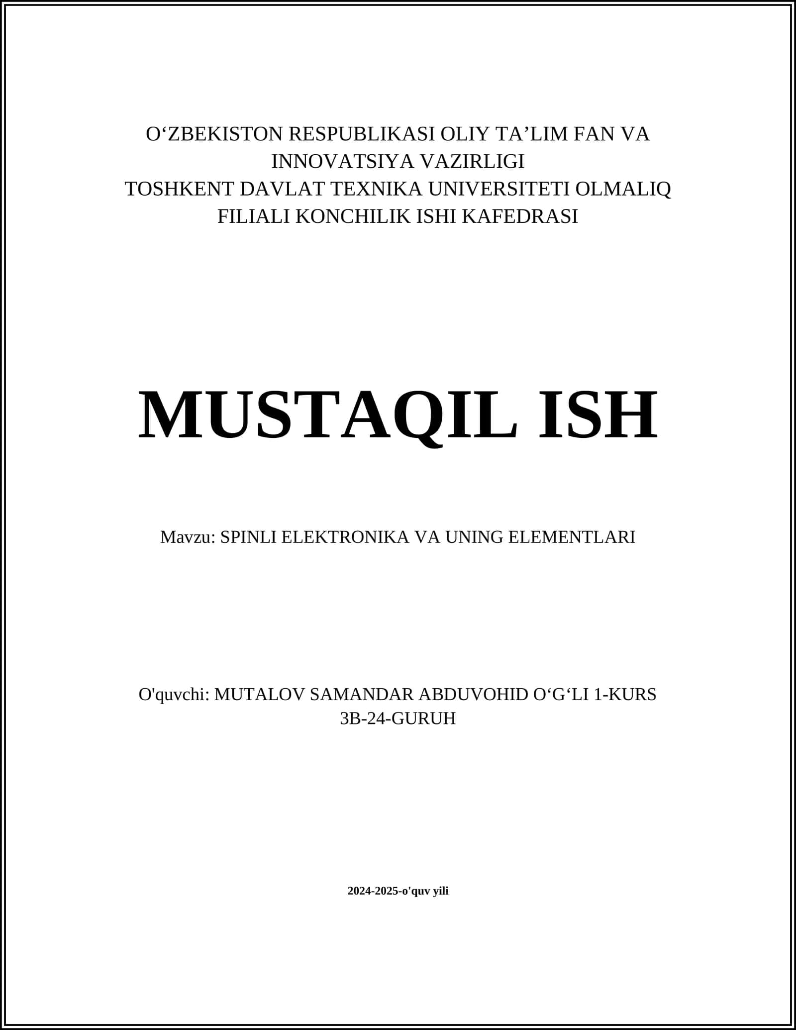 SPINLI ELEKTRONIKA VA UNING ELEMENTLARI