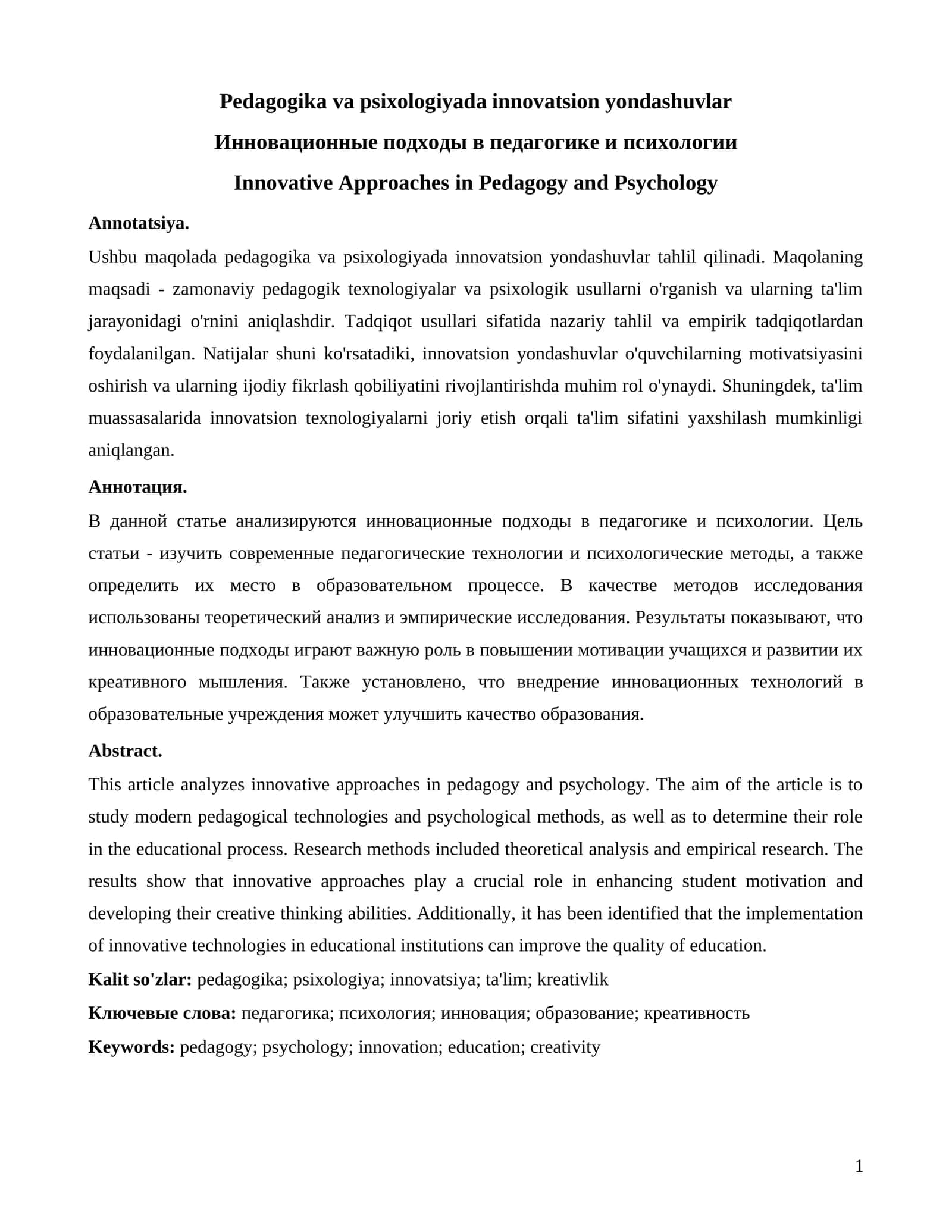 Pedagogika va psixologiyada innovatsion yondashuvlar