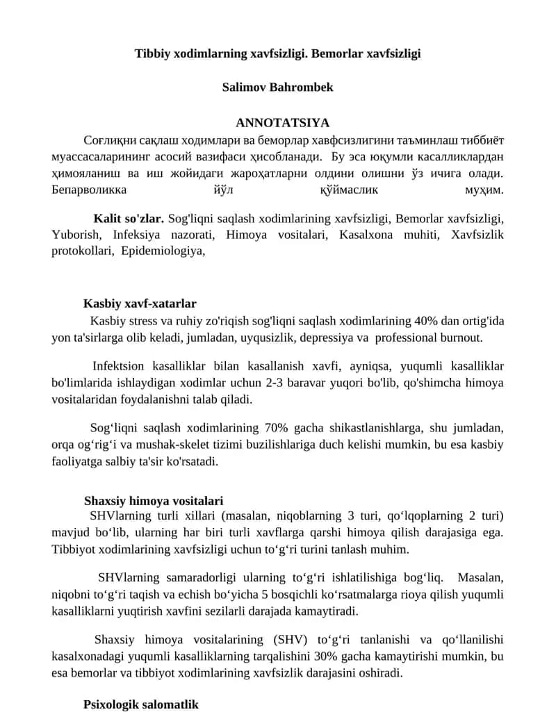 Tibbiy xodimlarning xavfsizligi. Bemorlar xavfsizligi