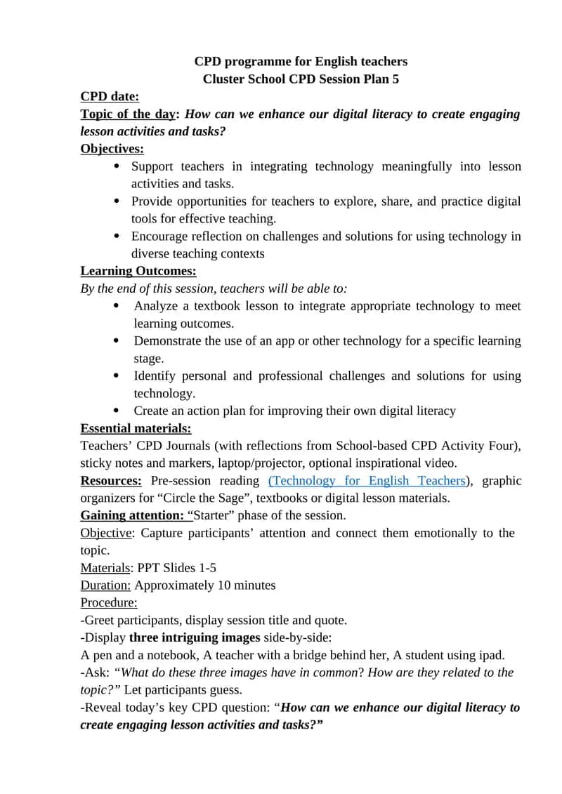 Cluster School CPD Session Plan 5