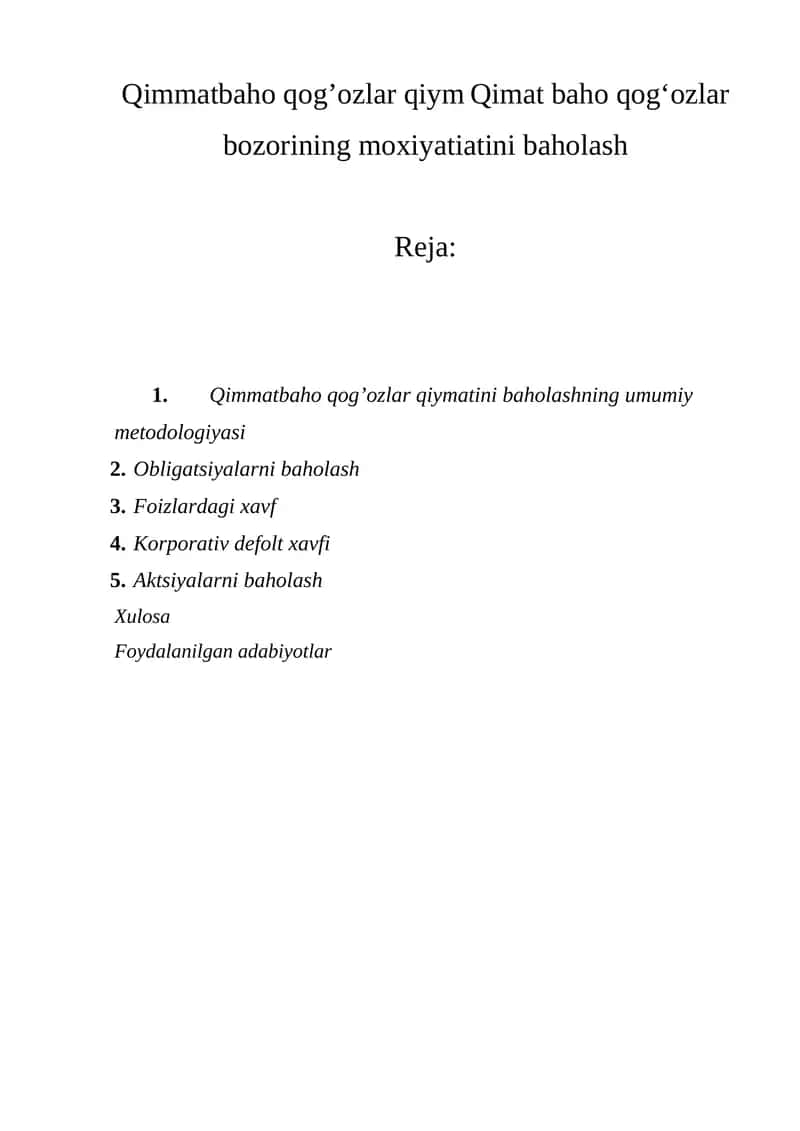 Qimmatbaho qog’ozlar qiymatini baholash