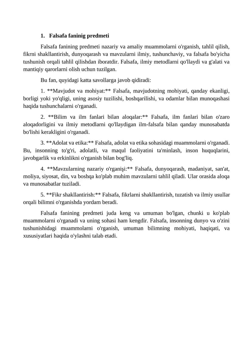 Falsafa fanining predmeti