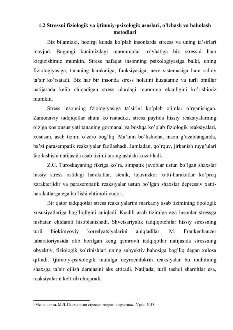 Stressni fiziologik va ijtimoiy-psixologik asoslari, o’lchash va baholash metodlari