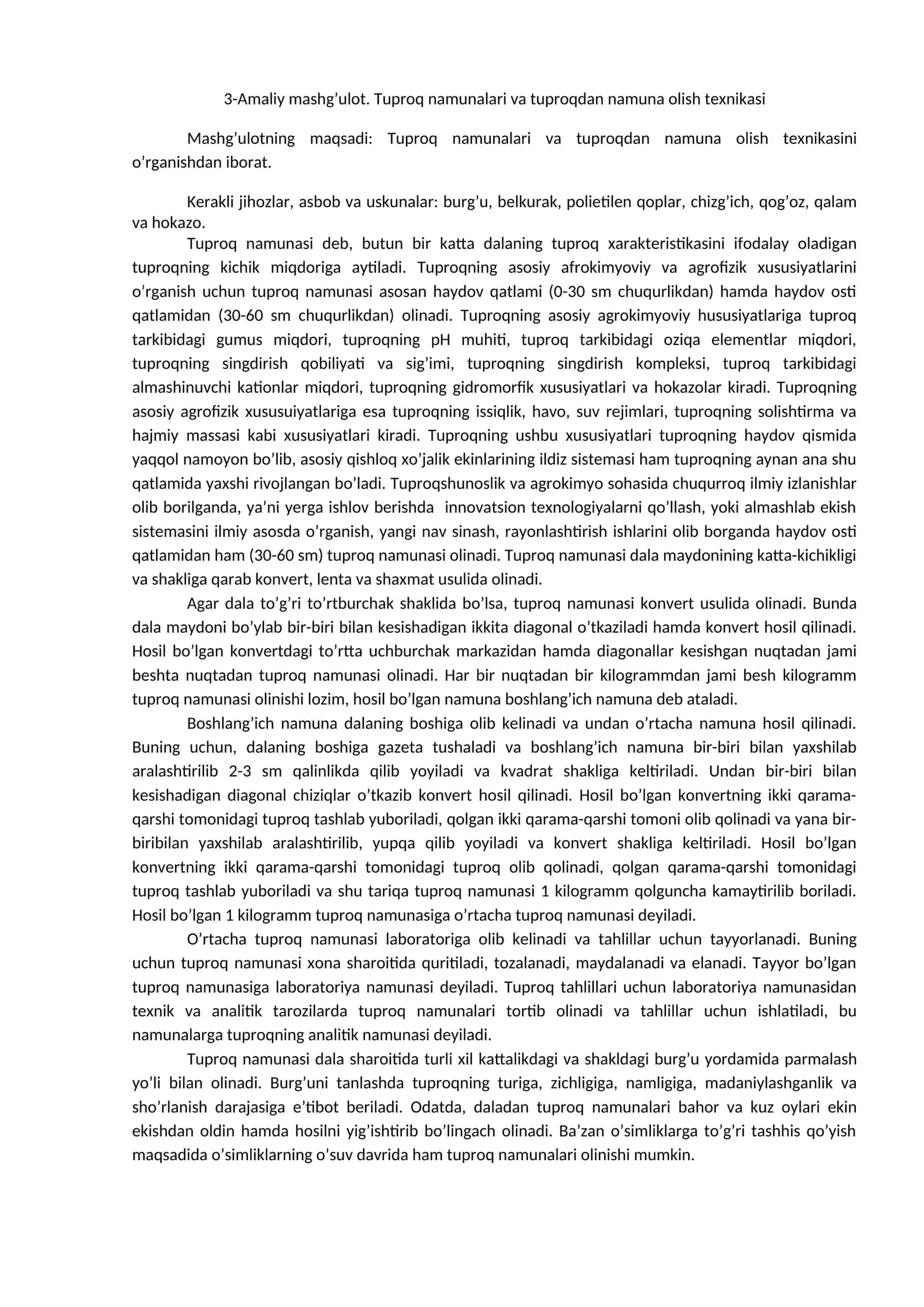 Tuproq namunalari va tuproqdan namuna olish texnikasi