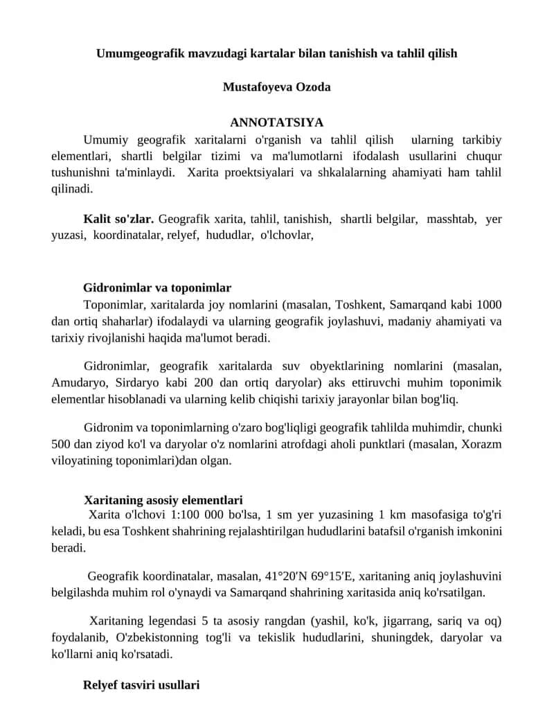 Umumgeografik mavzudagi kartalar bilan tanishish va tahlil qilish