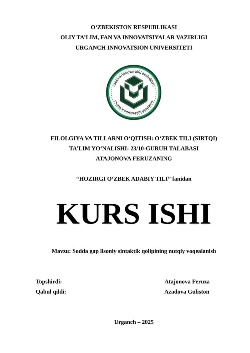 SODDA GAP LISONIY SINTAKTIK QOLIPINING NUTQIY VOQEALANISH