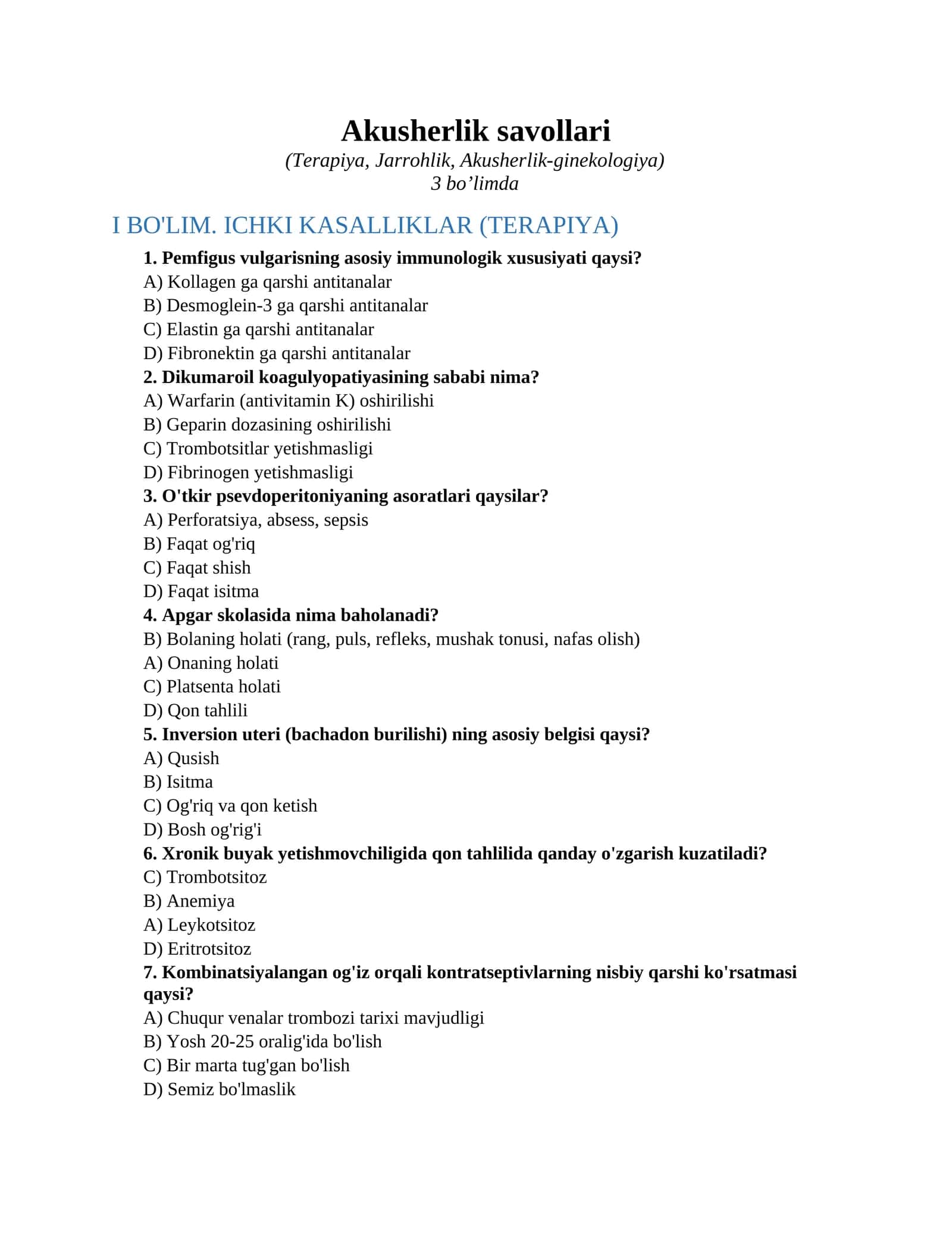 Akusherlik savollari
