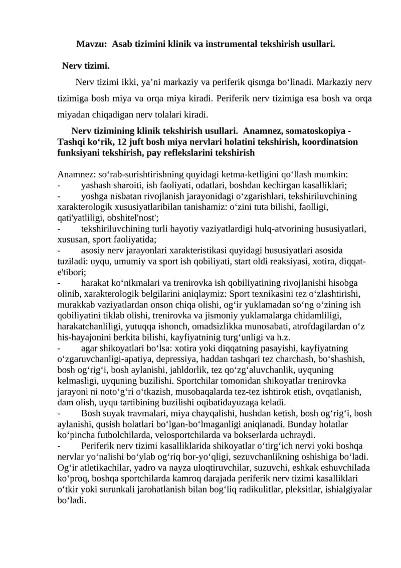 Asab tizimini klinik va instrumental tekshirish usullari