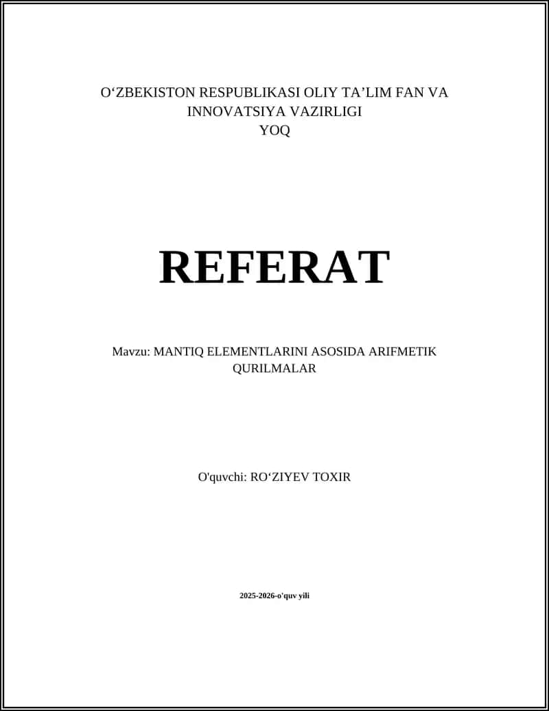 MANTIQ ELEMENTLARINI ASOSIDA ARIFMETIK QURILMALAR