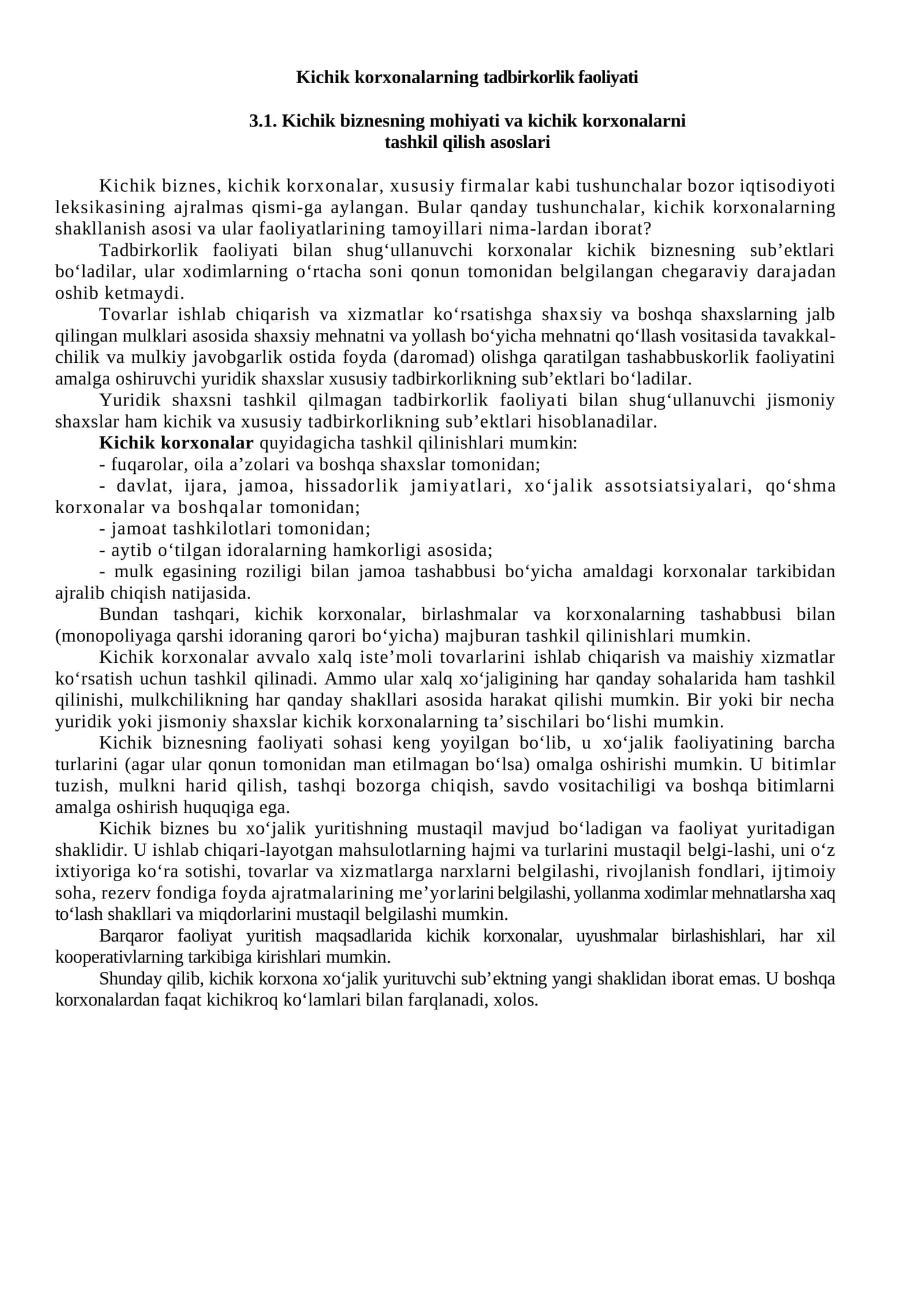 Kichik korxonalarning tadbirkorlik faoliyati