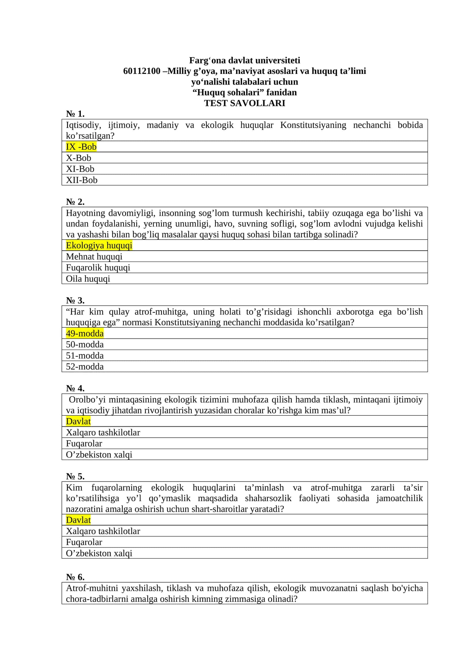Huquq sohalari test