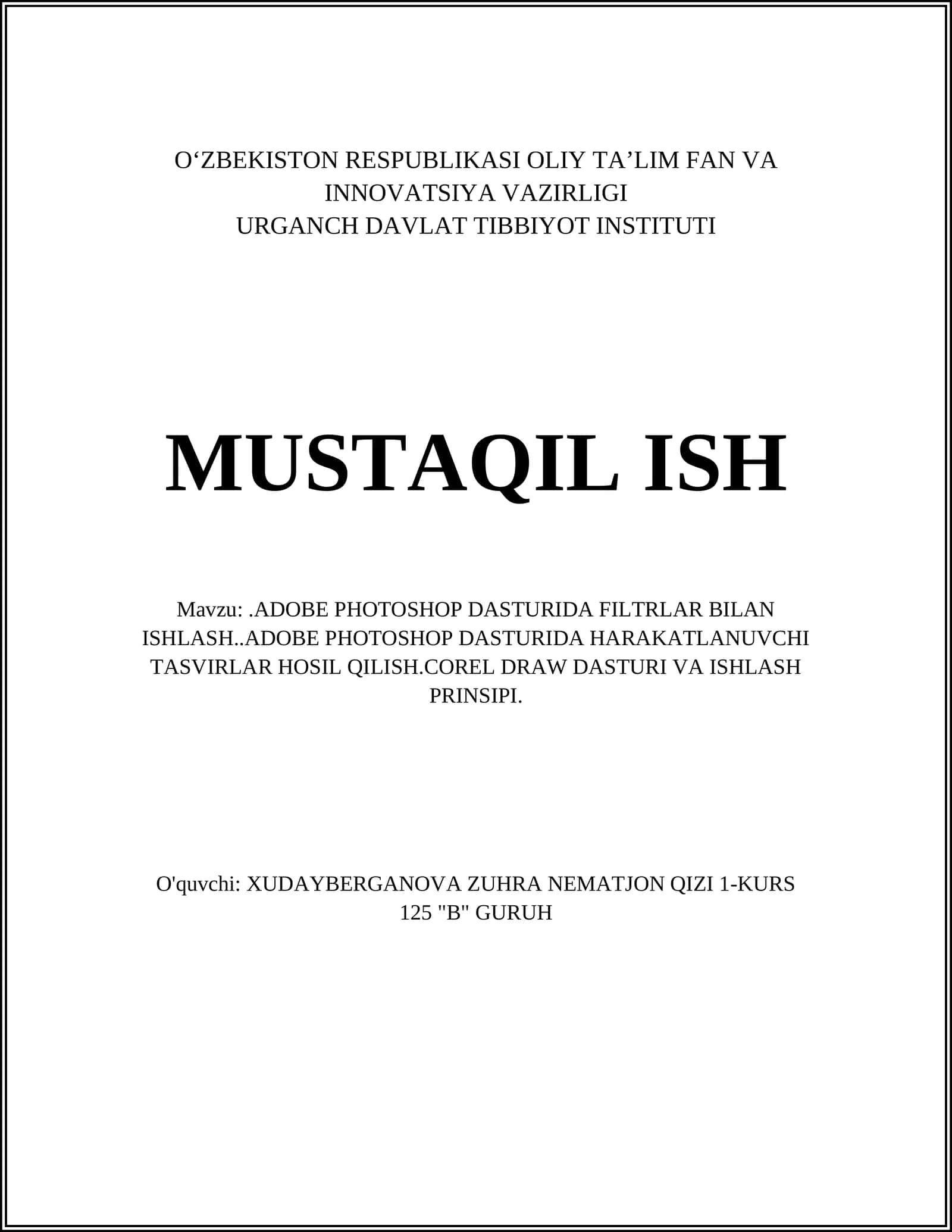 ADOBE PHOTOSHOP DASTURIDA FILTRLAR BILAN ISHLASH