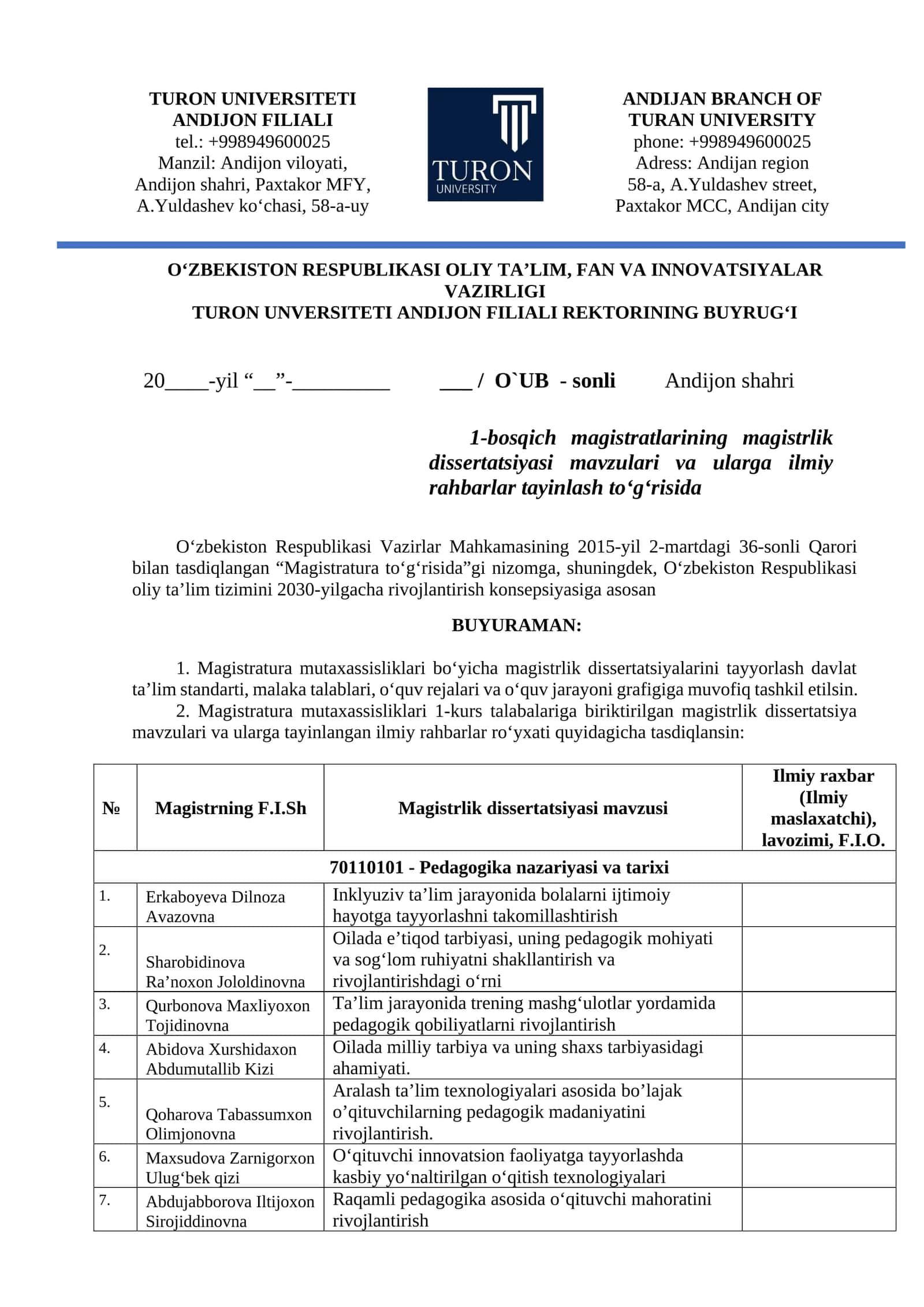 1-bosqich magistratlarining magistrlik dissertatsiyasi mavzulari va ularga ilmiy rahbarlar tayinlash to‘g‘risida