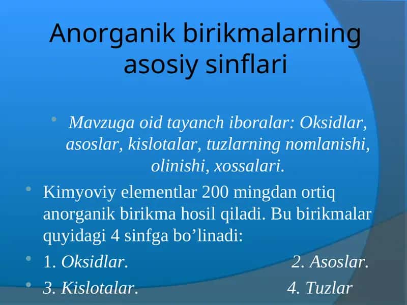 Anorganik birikmalarning asosiy sinflari