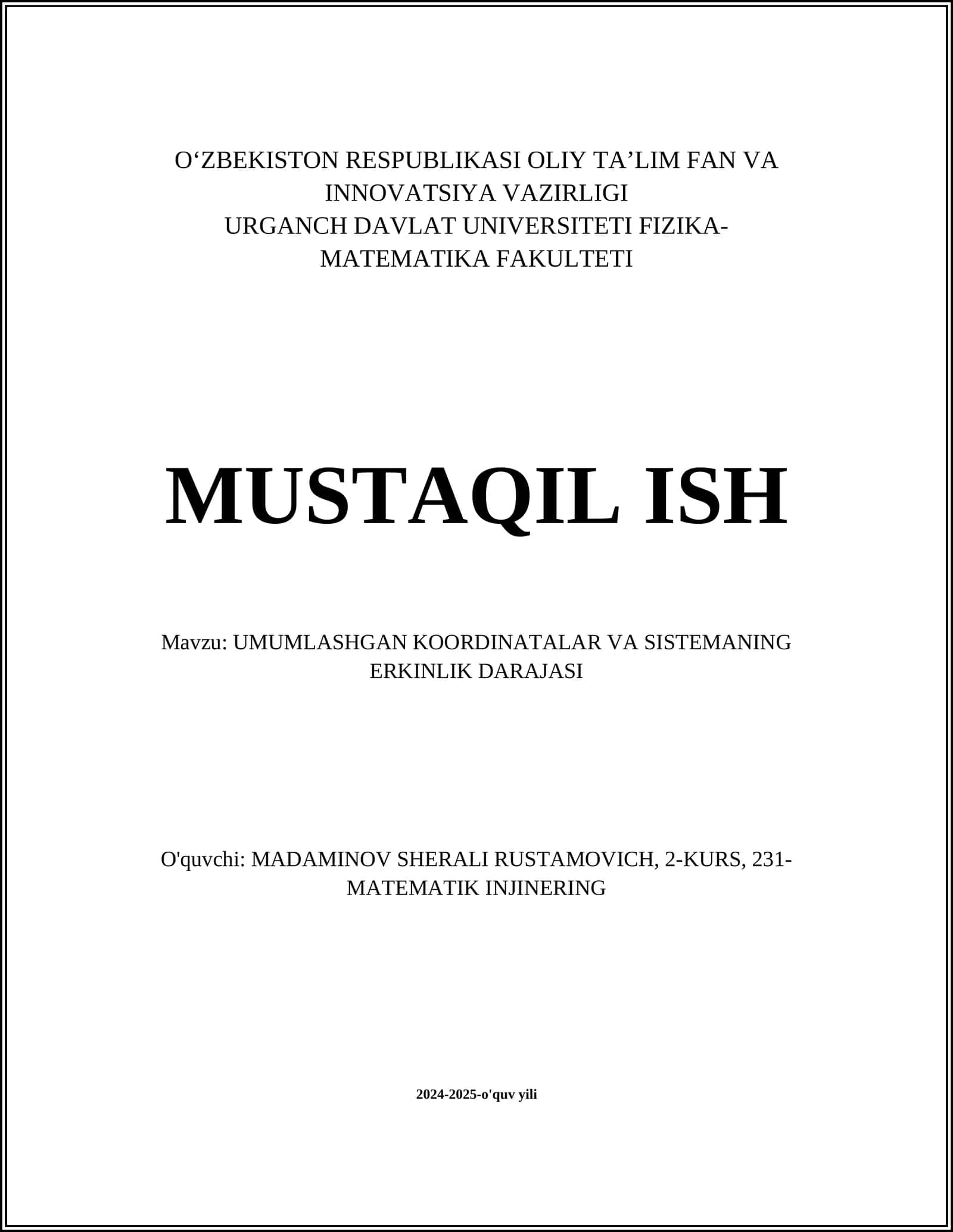 UMUMLASHGAN KOORDINATALAR VA SISTEMANING ERKINLIK DARAJASI